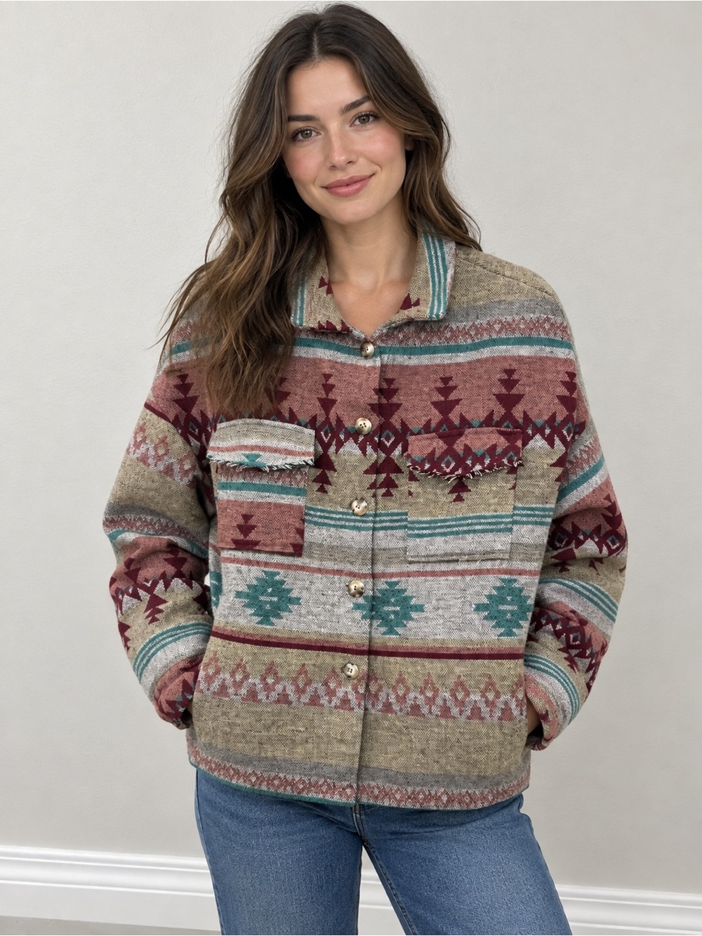 Aztec Pattern Button-Up Shacket Multi